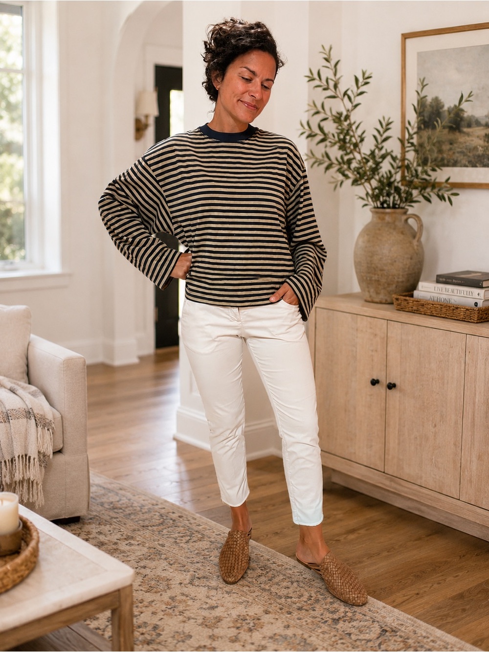 Lioness Navy & Beige Striped Cropped Long Sleeve Tee - Picture 3 of 3